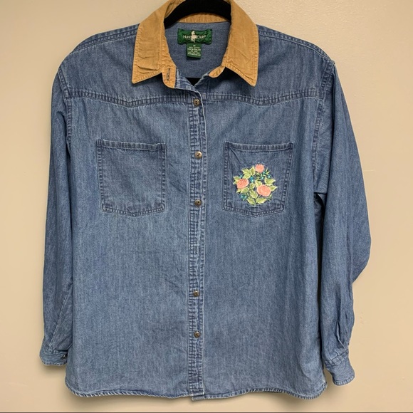 Vintage 90s Embroidered Denim Jean Button Down - Picture 2 of 14